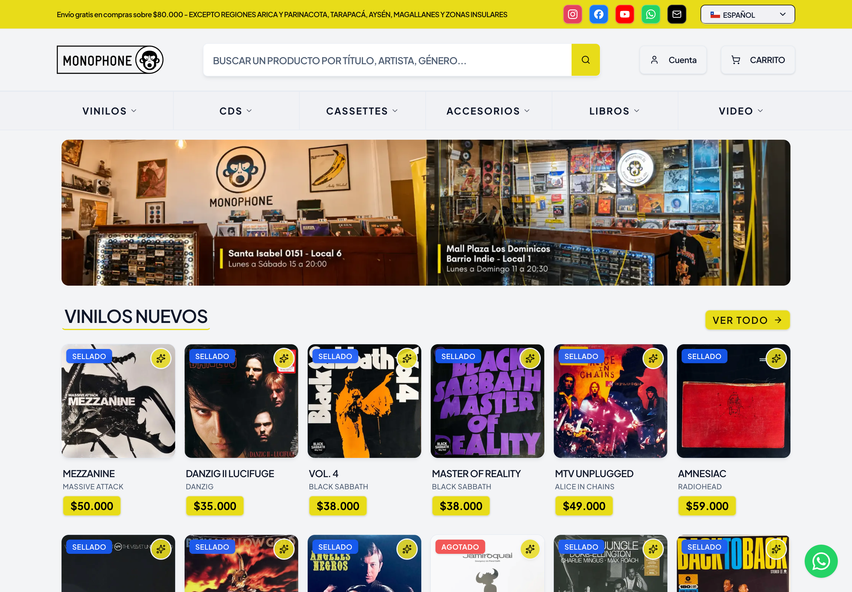 Captura real de Monophone: navegación del catálogo, locales y vinilos en la tienda online